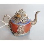 A Chinese cloisonne and glass teapot, with plated mounts