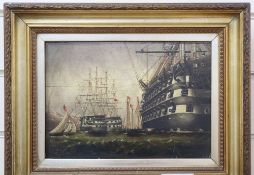 19th century English School, oil on wooden panel, Warships at sea, 19 x 26cmCONDITION: Overall