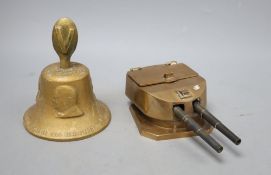 A WWI interest, model of a gun turret metal Battleship of Helgoland and a Churchill bell