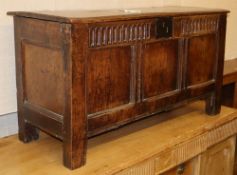 A late 17th century oak six-plank coffer, W.109cm, D.40cm, H.56cmCONDITION: Overall has a good