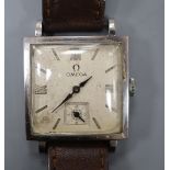 A gentleman's early 1940's stainless steel Omega manual wind square dial wrist watch, on later