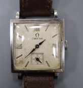 A gentleman's early 1940's stainless steel Omega manual wind square dial wrist watch, on later