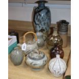 Seven Studio pottery vessels, including a Roger Cockram bottle vase, 22cm and a teapot marked 'JM'