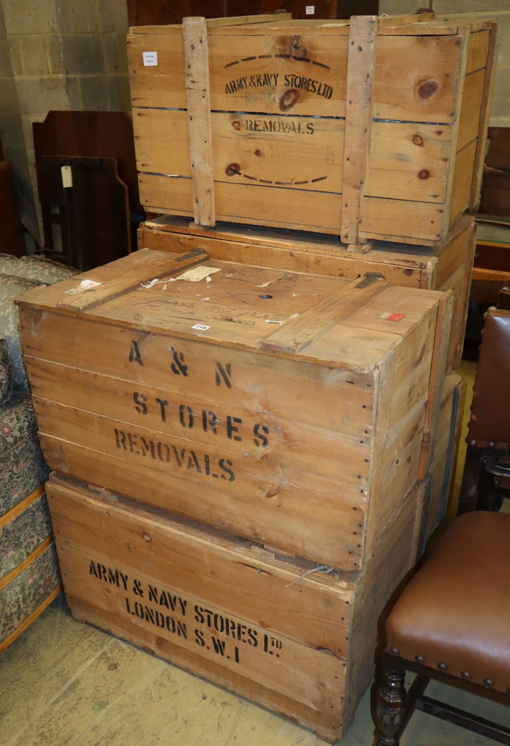 Five vintage Army & Navy wooden packing crates, W.84cm, D.49cm, H.46cm
