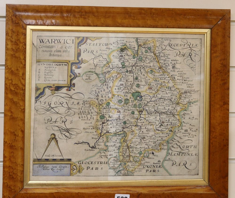 A hand-coloured engraved map of Warwickshire, circa 1637, Christopher Saxton and William Kip, in