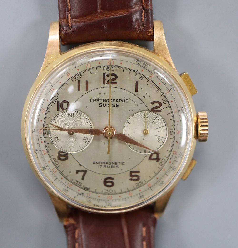 A gentleman's 1950's? 18k Suisse Chronographe manual wind wrist watch, on later associated strap.