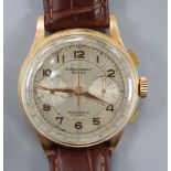 A gentleman's 1950's? 18k Suisse Chronographe manual wind wrist watch, on later associated strap.