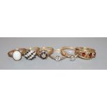 Five assorted modern 9ct gold and gem or paste set dress rings and one other ring, 9ct gross 10