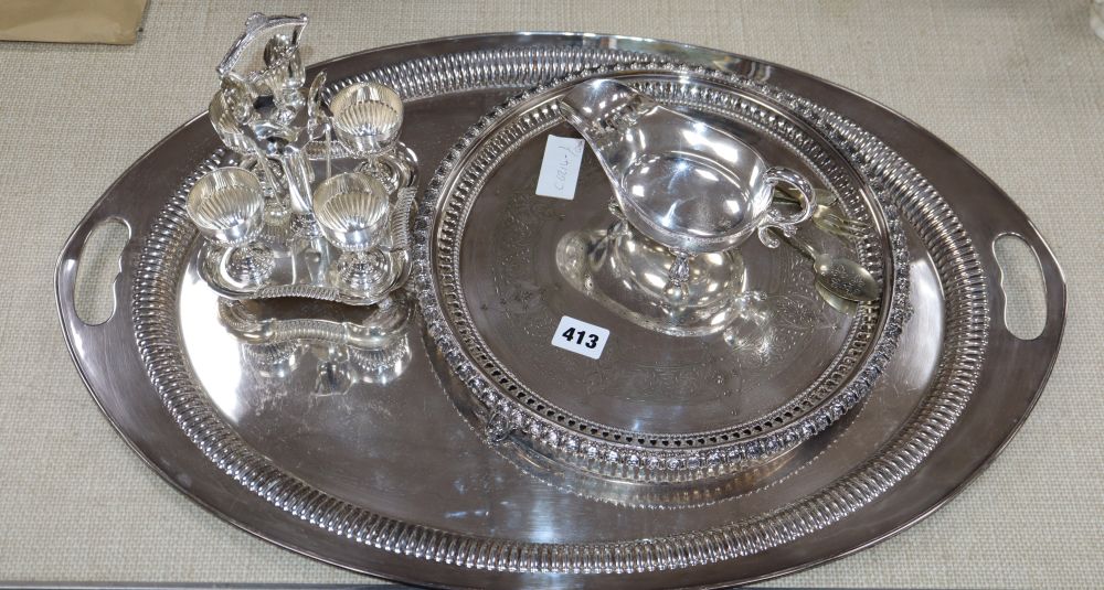 A silver plated tray, salver and egg cruet and other plated items, tray W.63cm