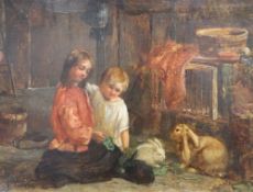 Victorian School, oil on canvas, Children feeding rabbits, 23 x 31cmCONDITION: Cleaned, relined