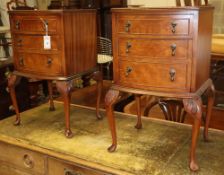 A pair of burr walnut bow front bedside cabinets, W.46cm, D.37cm, H.71cm