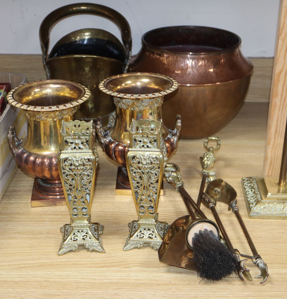 A pair of copper and brass jardinieres, planished copper jardiniere and other pieces of brass