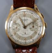 A gentleman's 1950's 18k Viscont chronograph manual wind wrist watch, with textured dial, on later