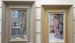 J. Annis, two oils on board, Standing female nudes, largest 22 x 11.5cm