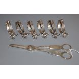 A pair of Victorian plain silver grape shears, London, 1871, 18.5cm and a set of six 800 white metal
