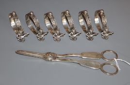 A pair of Victorian plain silver grape shears, London, 1871, 18.5cm and a set of six 800 white metal