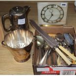 A quantity of assorted plated flatware together an Art Deco style onyx mantel timepiece