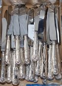 Two modern sets of six silver handled Kings pattern table knives and matching dessert knives, W.E.
