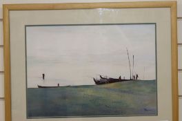 Khin Maung Myint, watercolour, Fisherman on the beach, 34 x 49cm