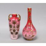 Two Bohemian gilt enamel pink glass vases, possibly Moser, tallest 18cm
