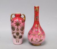 Two Bohemian gilt enamel pink glass vases, possibly Moser, tallest 18cm