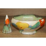 A Clarice Cliff Delecia Citrus conical salt, 8cm and an octagonal bowlCONDITION: The bowl has been