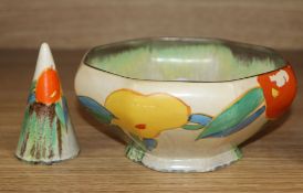 A Clarice Cliff Delecia Citrus conical salt, 8cm and an octagonal bowlCONDITION: The bowl has been