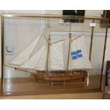 A cased model of a French naval schooner 'The Marseille 1764', in glazed case overall 84 x 63cm