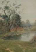 Thomas Nicholson Tyndale (1858-1936), watercolour, Farmhouse beside a lake, signed, 26 x