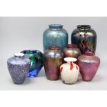 Eight assorted coloured art glass vases including Royal Brierley, tallest 23cm.