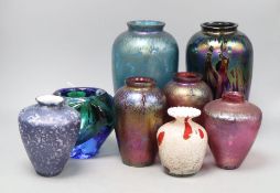 Eight assorted coloured art glass vases including Royal Brierley, tallest 23cm.