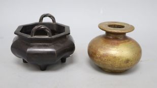 Two Chinese bronzes, one censer with Xuande mark and one other vase, censer H.8.5cm including