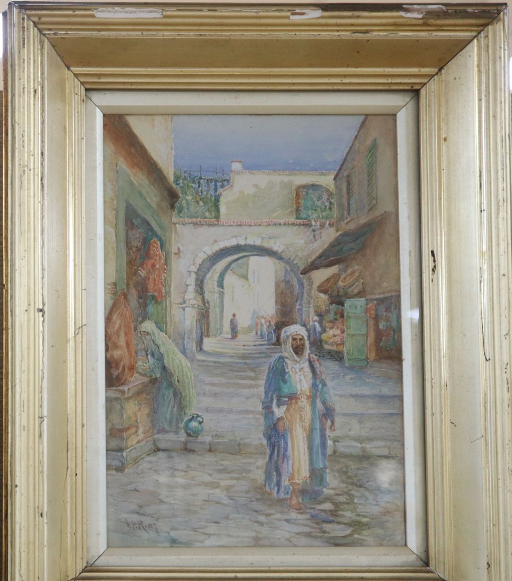 Lady Victoria Penelope Ramsay, watercolour, Arab street scene, initialled and dated '07, 26 x