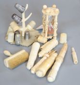 A group of 19th century bone items to include five stilton scoops, an hour glass, a brush,