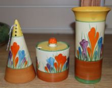 A Clarice Cliff crocus conical caster, preserve jar and a spill vase, tallest 13cmCONDITION: The