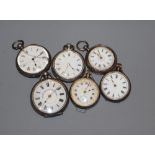 Six assorted early 20th century silver or white metal fob watches.