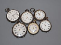 Six assorted early 20th century silver or white metal fob watches.
