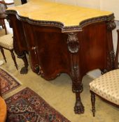 A George III style serpentine mahogany commode with faux marble top, W.145cm, D.59cm, H.