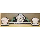 An Art Deco spelter and marble clock garniture, W.45cm, H.29cm