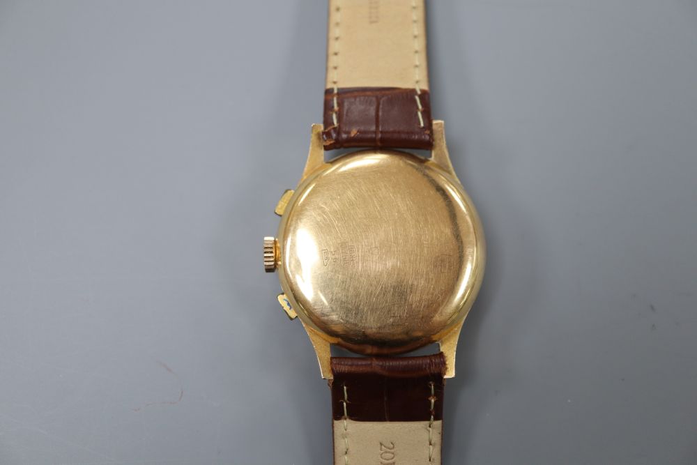 A gentleman's 1950's? 18k Suisse Chronographe manual wind wrist watch, on later associated strap. - Image 2 of 2