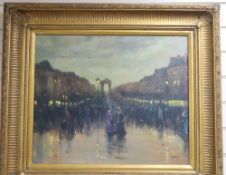 John Lipsham, oil on canvas, Promenade of figures on a rainy Paris evening, signed, 50 x 60cm