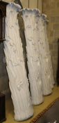 Five painted wood and plaster, acanthus scroll and floral columns, larger W64cm, H.30cm, H.