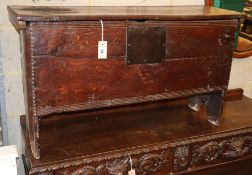 An 18th century Sussex oak six plank coffer, W.102, D.33cm, H.58cmCONDITION: The top has a large