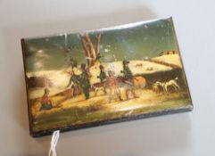 A Continental painted tin cigarette case depicting a winter hunting scene, w. 12cm