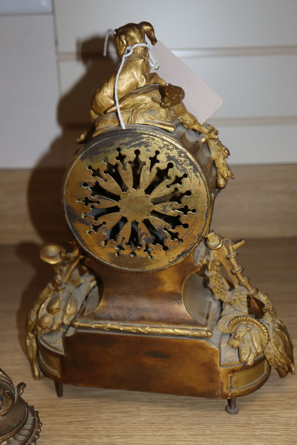 A 19th century French Louis XVI style ormolu mantel clock and a pair of associated spelter table - Image 2 of 6