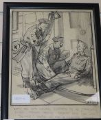 Leslie Grimes (1898-1983), charcoal sketch cartoon, Medics and a supposedly wounded soldier, signed,