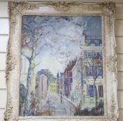 George Hann, oil on board, Street scene, signed, 54 x 44cm and a modern colour print of the Bath
