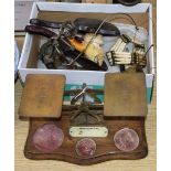 A set of postal scales, weights, a Meerschaum pipe, military compass etc