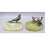 A cold painted bronze budgerigar dish and a blue dish