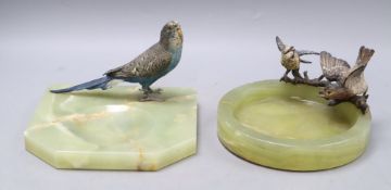 A cold painted bronze budgerigar dish and a blue dish